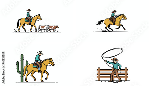 Cowboy Riding Horse Vector Illustration Set