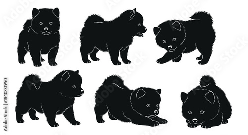 Cute Black Pomeranian Puppies Silhouettes Set, Various Poses, Adorable Dog Illustrations