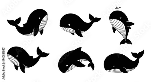 Cute Black Whales Collection, Cartoon Style, Isolated on White Background