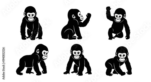 Cute Baby Gorilla Poses Collection - Black and White Vector Illustrations