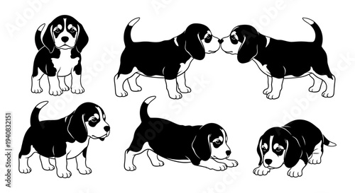 Cute Beagle Puppies Collection: Playful Poses, Adorable Expressions, Black and White Illustration