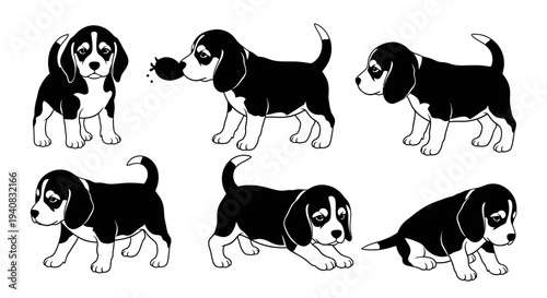 Cute Beagle Puppies Set: Playful Poses, Black and White Cartoon Style Vector Illustration