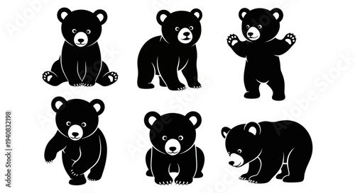 Cute Black Bear Cubs Set: Adorable Baby Bears in Various Poses, Vector Silhouettes