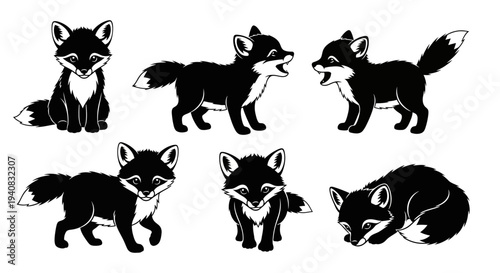 Cute Black Fox Set: Sitting, Walking, Playing, Sleeping - Vector Illustrations
