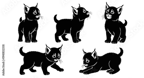 Cute Black Kittens Poses Silhouette Vector Illustration