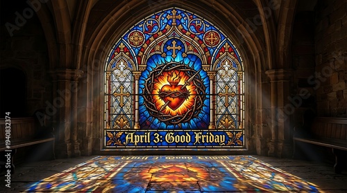 A stunning stained glass window in a historic church on Good Friday, April 3, showcasing vibrant colors and intricate design.