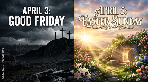 A split image depicting Good Friday and Easter Sunday with contrasting dark and light scenes