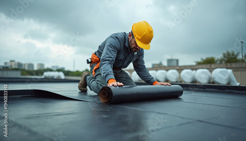 Worker installs waterproof membrane on flat rooftop. Man in hard hat and safety vest rolls out black material. Construction site, cloudy sky, urban buildings in background.
