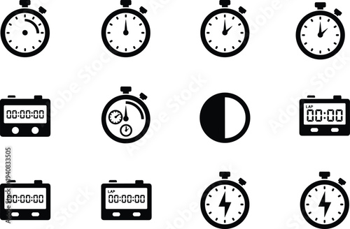 Set of Black Minimalist Stopwatch and Digital Timer Icons Featuring Different Time Intervals Isolated on White Background for Design