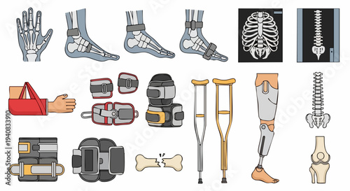 Vector graphic collection illustrating human skeletal anatomy, orthopedic injuries, and treatment devices