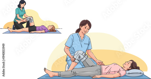 Physical therapist helps patient with knee rehabilitation exercise vector illustration