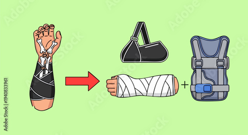 Vector illustration showing forearm injury treatment options progression diagram