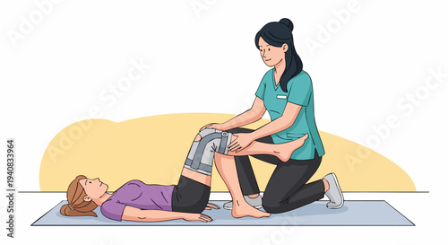 Physical therapist assists patient with knee brace rehabilitation exercises illustration
