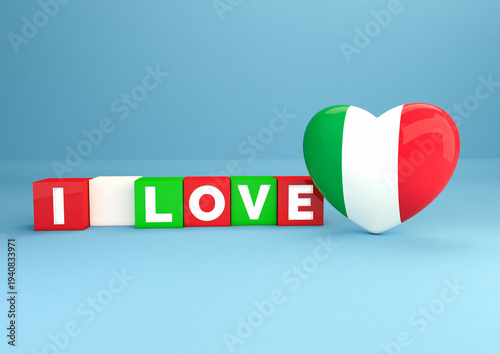 3D Illustration of I LOVE blocks and heart with Italian flag on blue background