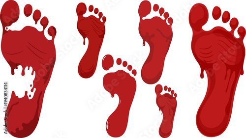 Gory red human footprints vector graphic illustration with dripping blood elements