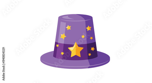 A solitary, brightly colored purple wizard's hat, embellished with an array of yellow stars, is prominently featured on a clean white background.