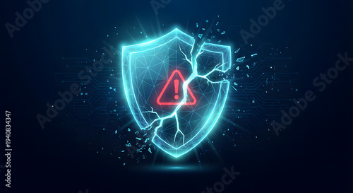 cyber security breach concept showing a broken glowing digital shield with a red warning alert icon representing data vulnerability hacking attack system failure and risk