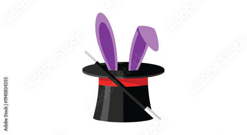 A classic black top hat, featuring playful purple bunny ears and a white magic wand, is whimsically presented on a clean white background.
