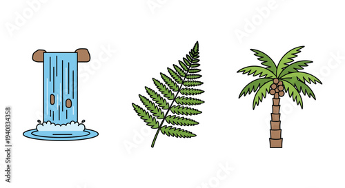 A trio of natural elements, encompassing a blue waterfall, a green fern leaf, and a brown palm tree, are neatly presented on a pure white backdrop.