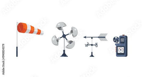 A precise arrangement of four weather instruments, including a windsock, an anemometer, and a weathervane, is displayed on a pristine white background.