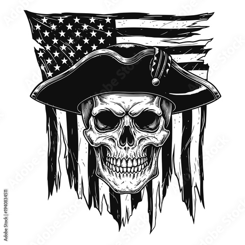 Pirate Skull with Tricorn Hat Illustration.