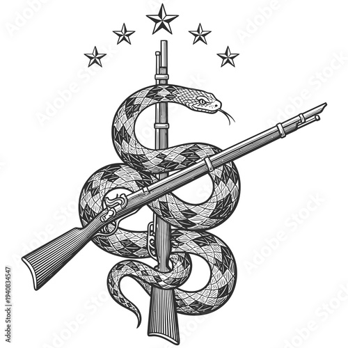 Snake wrapped around a rifle illustration.