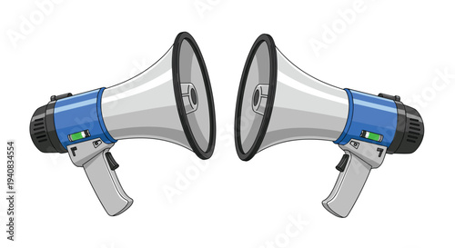 Two identical blue and grey megaphones are symmetrically mirrored, facing each other on a clean white background.