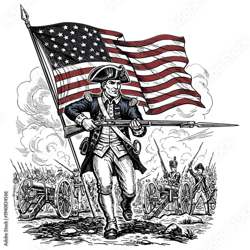 Soldier Holding American Flag in Battle Scene.
