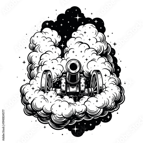 Vintage Cannon Surrounded by Smoke Clouds.