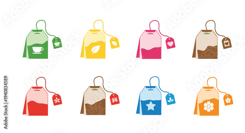 A collection of eight colorful, illustrated tea bags with various icons and string tags is neatly arranged on a clean white surface.