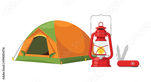 A vibrant orange and green dome tent is positioned beside a glowing red lantern and a red multi-tool pocket knife on a white background.