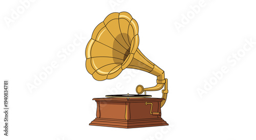 A vintage golden gramophone with a brown wooden base and a black record is illustrated on a clean white background.