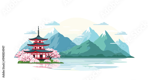 A traditional Japanese pagoda, adorned with pink cherry blossoms, stands beside a serene lake with towering mountains in the background under a clear sky.
