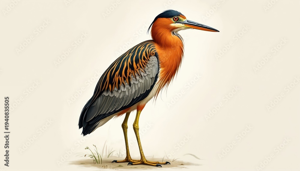 Naklejka premium Rufous Tiger Heron bird stands alert. This wild avian species displays orange neck and striped grey wings. Detailed portrait shows long beak and yellow legs against plain background.