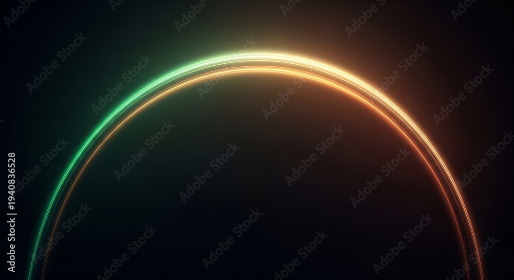 Obraz premium Vibrant neon arch glowing with green and orange light against a dark background.