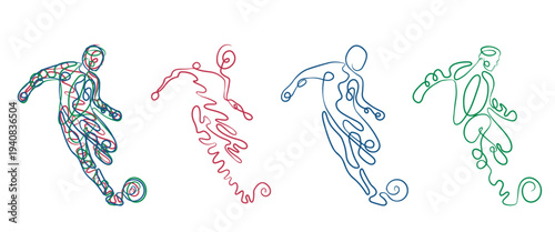 Abstract line drawings of soccer, football, players kicking a ball in the colors red, blue, and green. Transparent background.