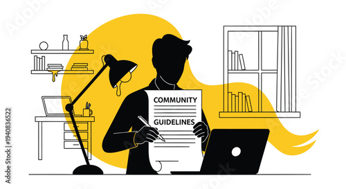 Vector illustration of a person working on community guidelines at a desk