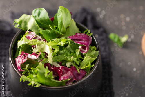 A vibrant blend of fresh green frisée and purple radicchio leaves served in a sleek black bowl the salad sits on a dark textured napkin with a soft bokeh background showing salt and pepper