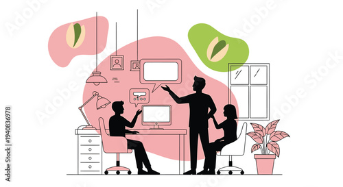 Vector illustration of 3 people working at office desk with computers