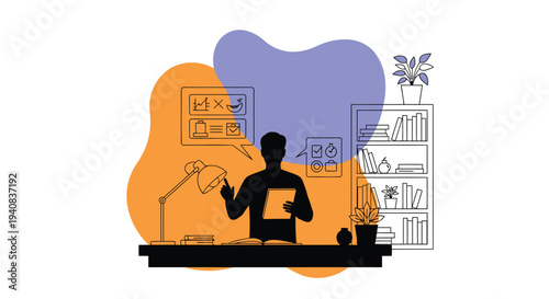 Vector illustration of a person working at a desk with office supplies