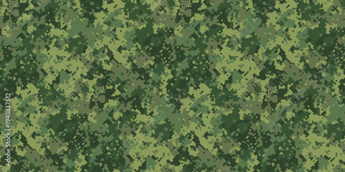 Abstract digital camouflage pattern.  Versatile textured background ideal for military, tactical, gaming, or fashion designs.  Subtle yet striking, this pixelated design offers a blend of green hues.