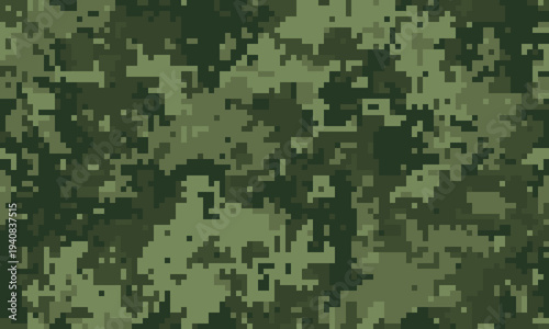 Abstract digital camouflage pattern. Seamless texture in muted greens and dark shades, perfect for backgrounds, military themes, or natureinspired designs.