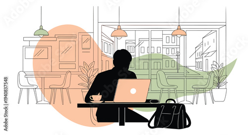 Vector illustration of person working on laptop in cafe