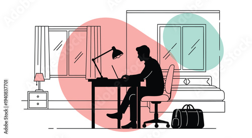 Vector illustration of businessman working at desk in modern office