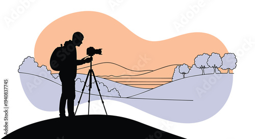 Vector silhouette of photographer on hill with camera and tripod at sunset