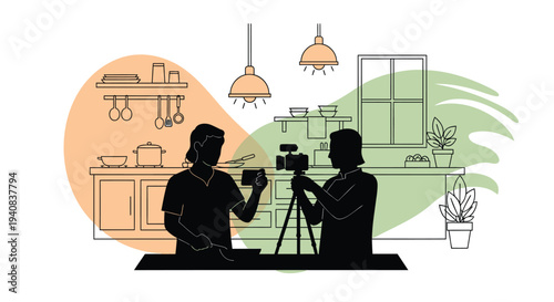 Vector illustration of two people filming in a kitchen interior