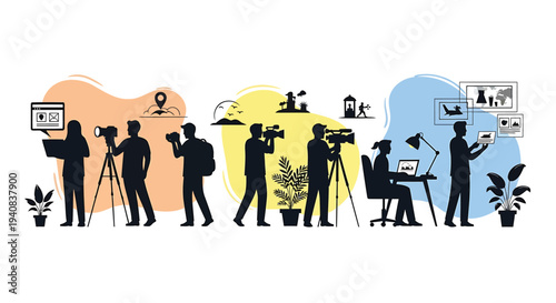 Set of 8 vector silhouettes of people working in media and technology