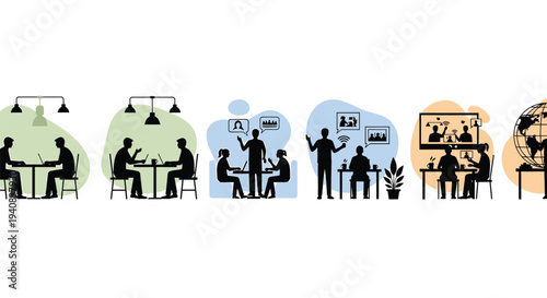 Set of 5 office workspace silhouettes vector