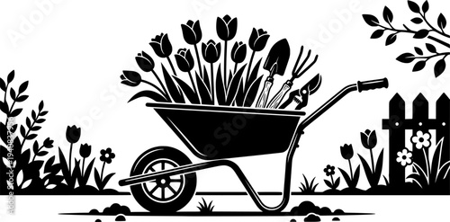 Flat design close up wheelbarrow with tulips and gardening tools side view in black silhouette minimalist vector art spring garden
