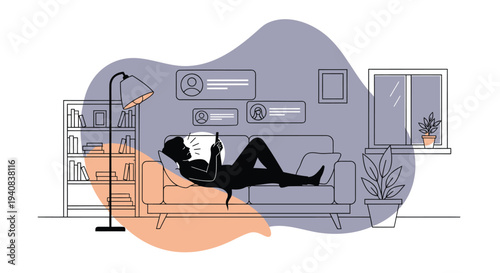 Vector illustration of woman relaxing on couch in living room